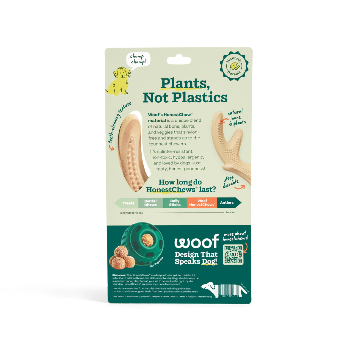 Package of Woof HonestChews dog treat with plant-based packaging