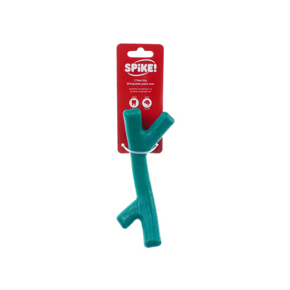 Teal dog toy shaped like a bone with a red 'Spike!' label on a white background