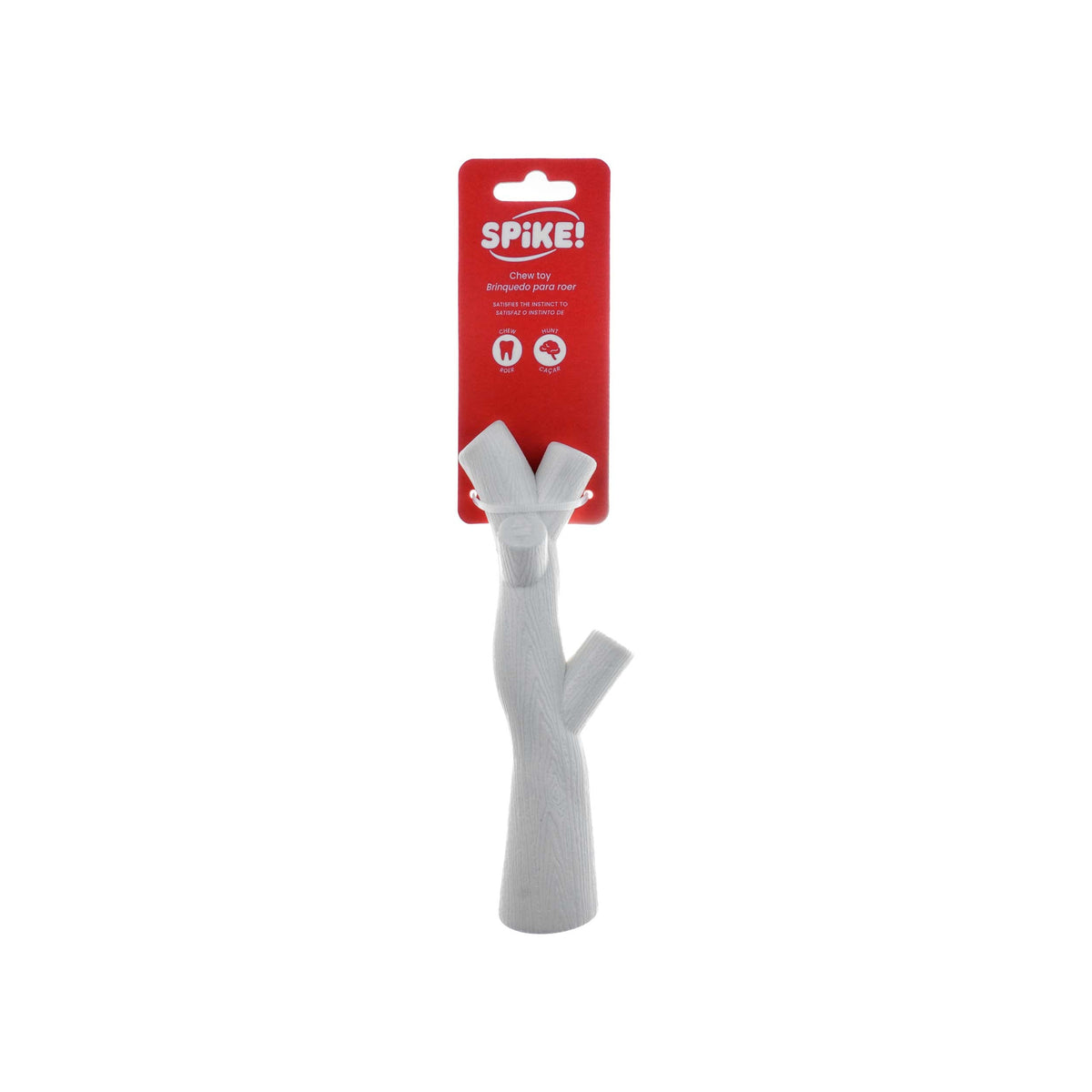 Grey dog toy with a red 'Spike!' brand label on a white background