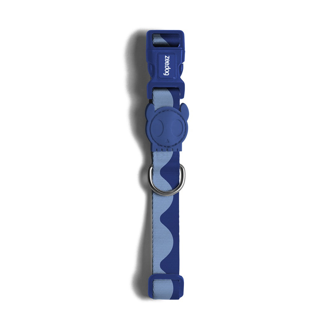 Blue wave design dog collar with a visible brand logo on a white background