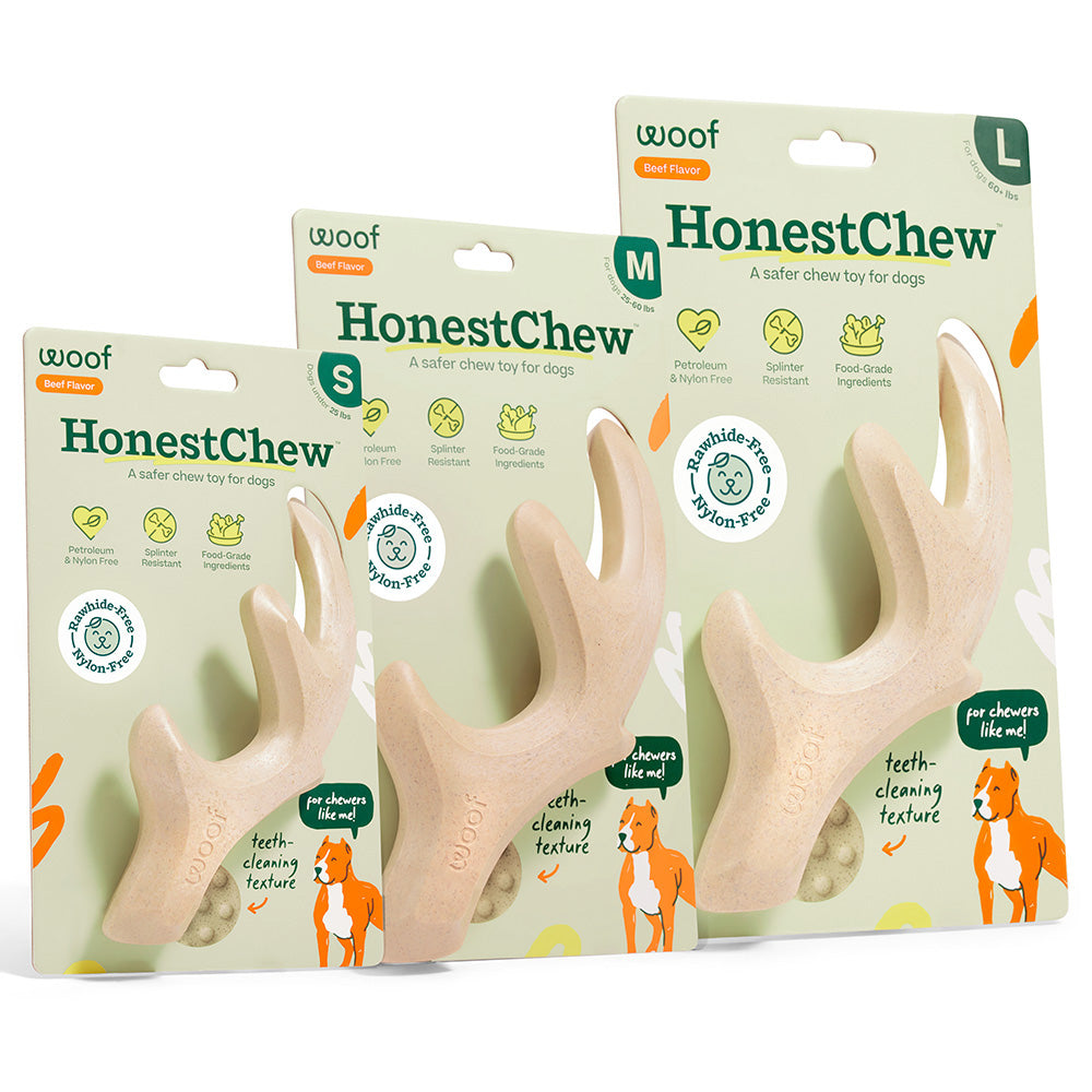 Honest Chew dog chew toy packaging with different sizes on a white background