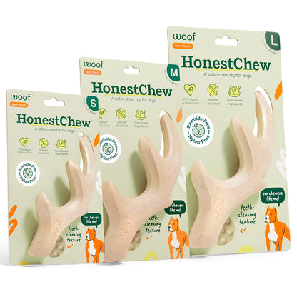 Honest Chew dog chew toy packaging with different sizes on a white background