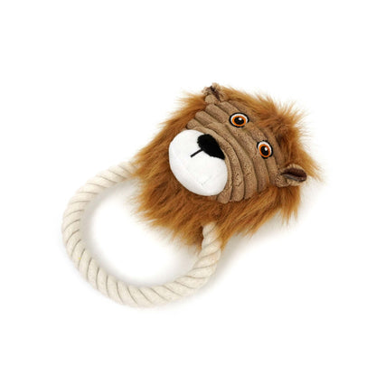 Plush lion toy with a rope on a white background