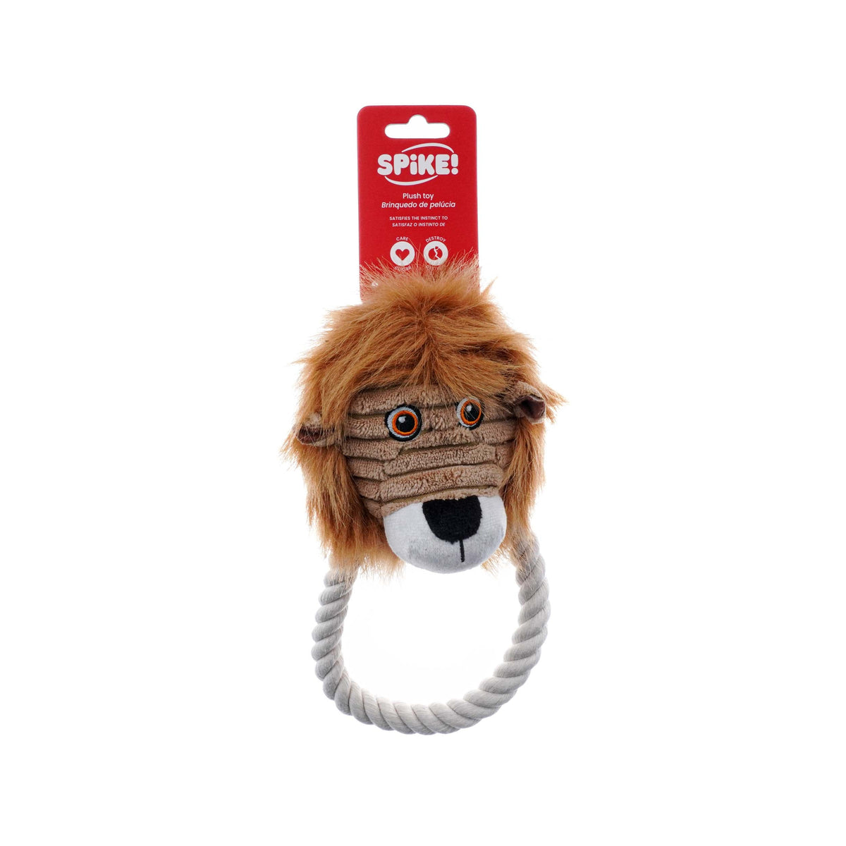 Dog toy with lion head and rope, branded 'Spike', on a white background