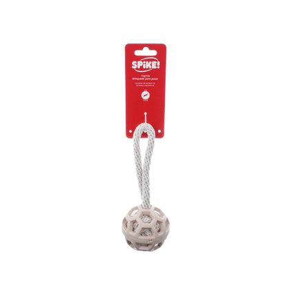 Dog toy with a rope and a branded label on a white background