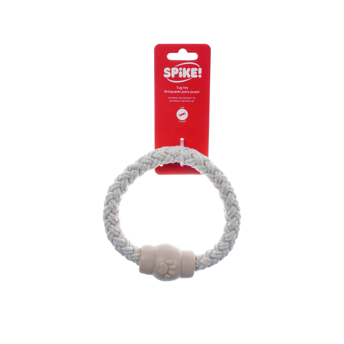 Dog toy with a red 'Spike!' packaging on a white background