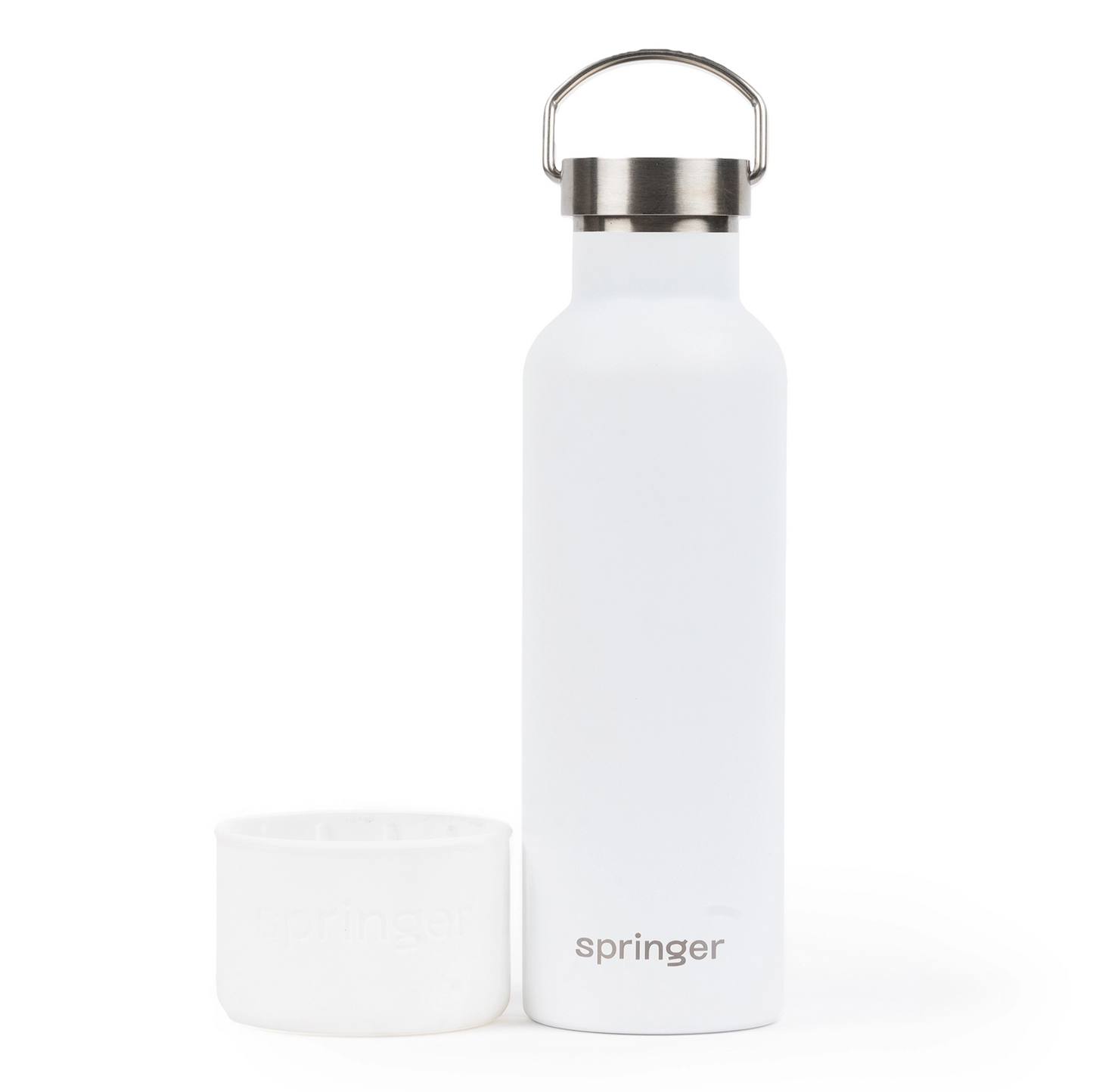 White "Dog & Me" Reusable Insulated Bottle on a white background. The bottle features a silicone cup that can be used as a dog water bowl and has a brushed chrome top with handle.