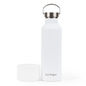 White "Dog & Me" Reusable Insulated Bottle on a white background. The bottle features a silicone cup that can be used as a dog water bowl and has a brushed chrome top with handle.