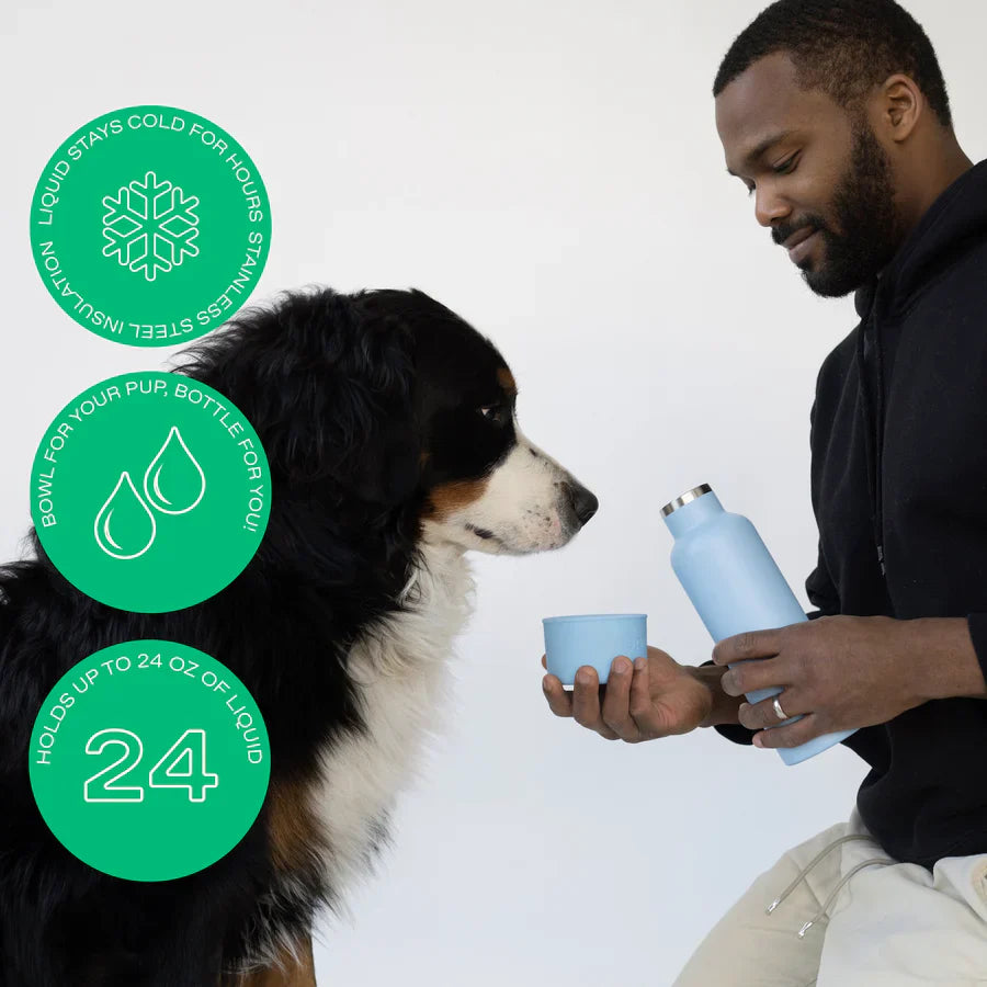Man holding a blue water bottle and cup next to a dog, with product features highlighted.