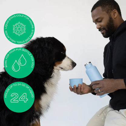 Man holding a blue water bottle and cup next to a dog, with product features highlighted.