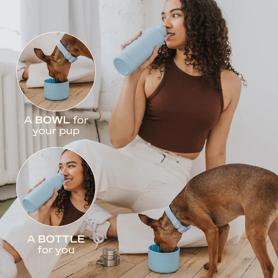 Woman sitting on the floor with a dog, both using a blue pet bowl and water bottle.