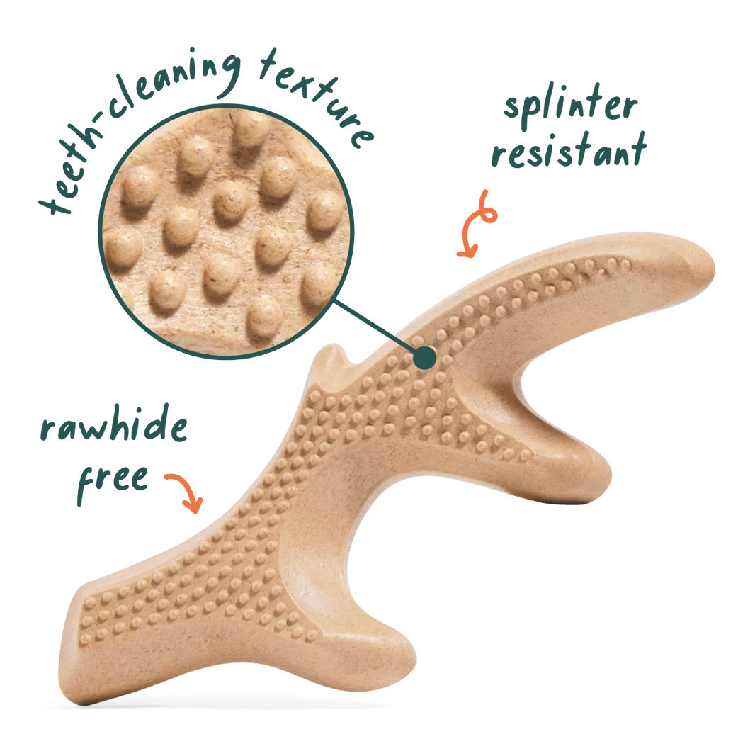 Dog chew toy with text highlighting features like teeth-cleaning texture, splinter resistance, rawhide-free status