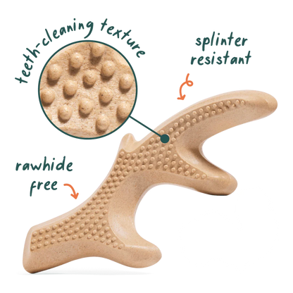 Dog chew toy with text highlighting features like teeth-cleaning texture, splinter resistance, rawhide-free status