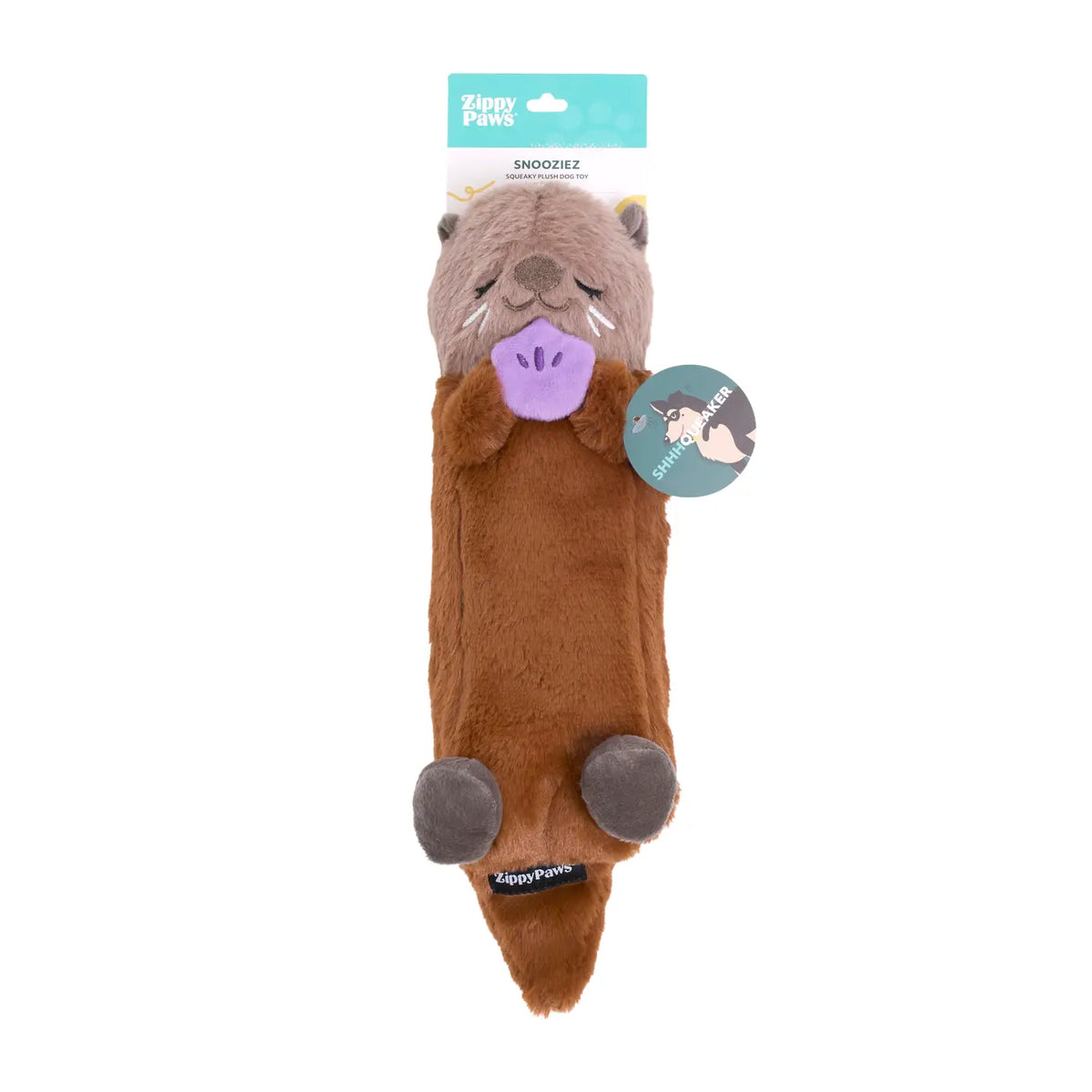 Plush otter toy with packaging on a white background