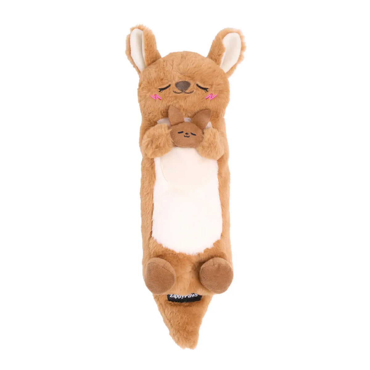 Plush kangaroo dog toy with a white belly on a white background