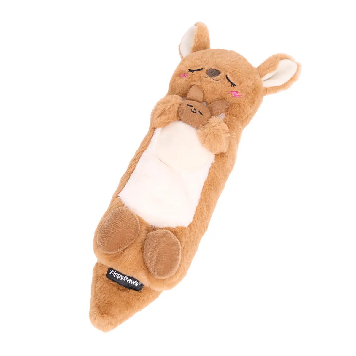Plush kangaroo dog toy with a white belly on a white background