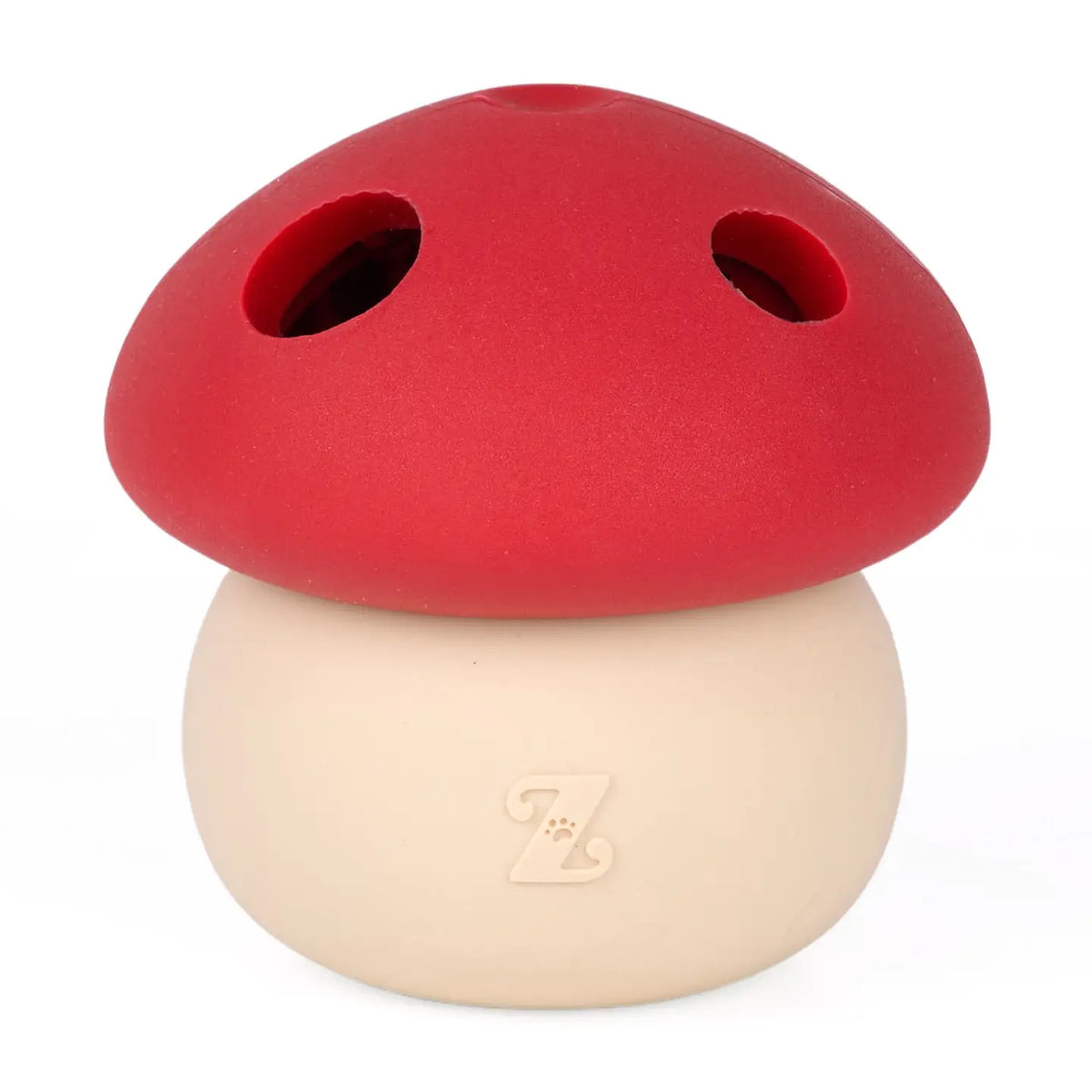 Red and beige mushroom-shaped dog toy with a logo on a white background