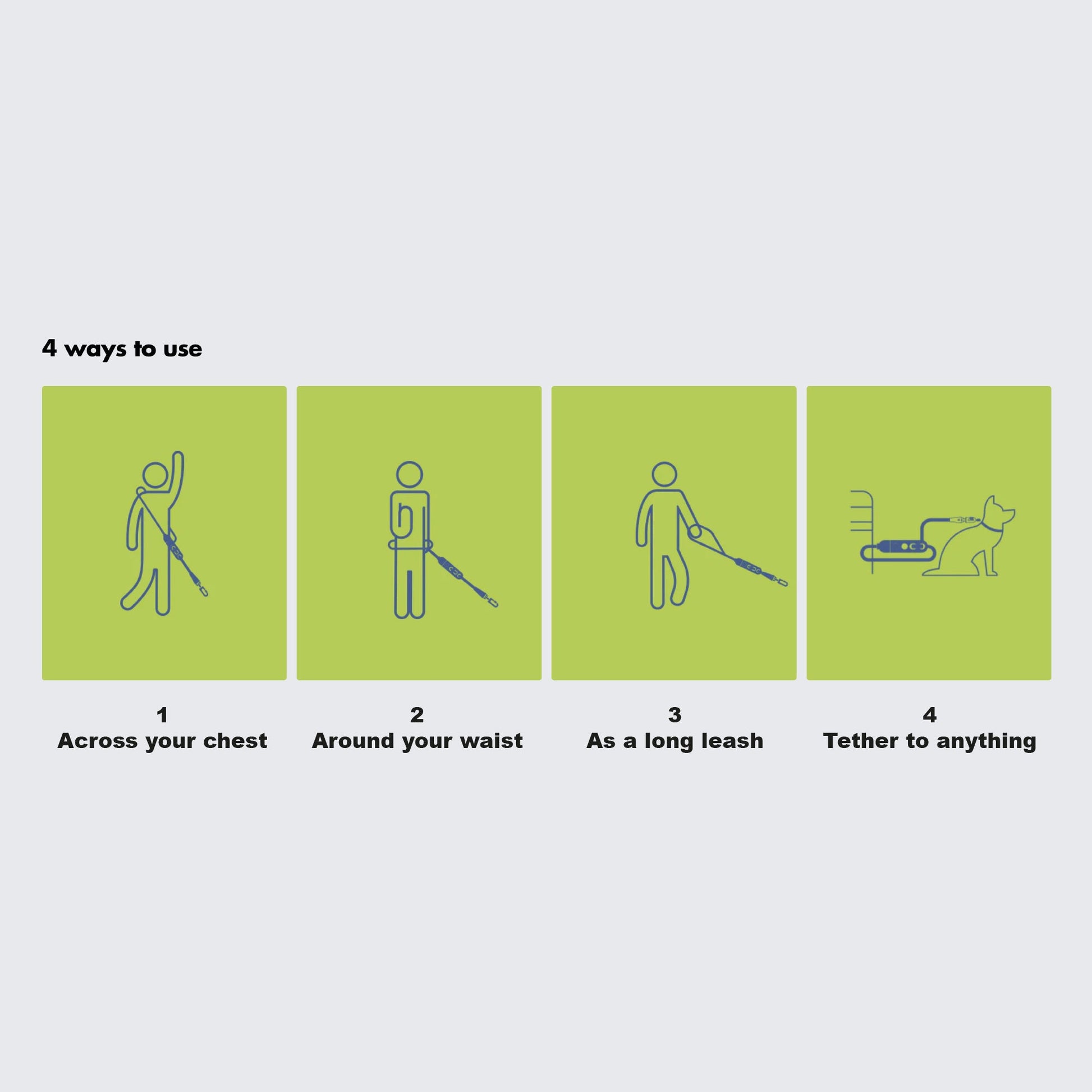 Diagram showing four ways to use a leash on a light gray background