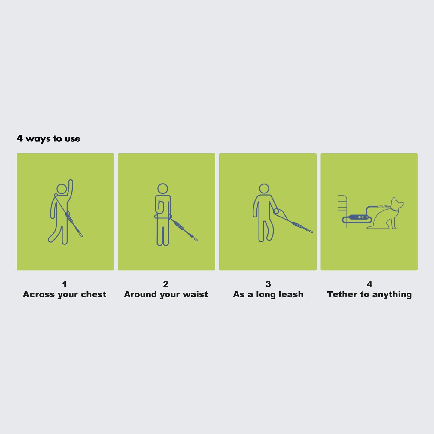 Diagram showing four ways to use a leash on a light gray background