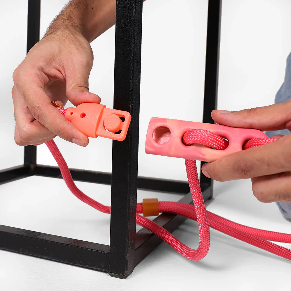 Person tethering a pink leash around black metal bars.