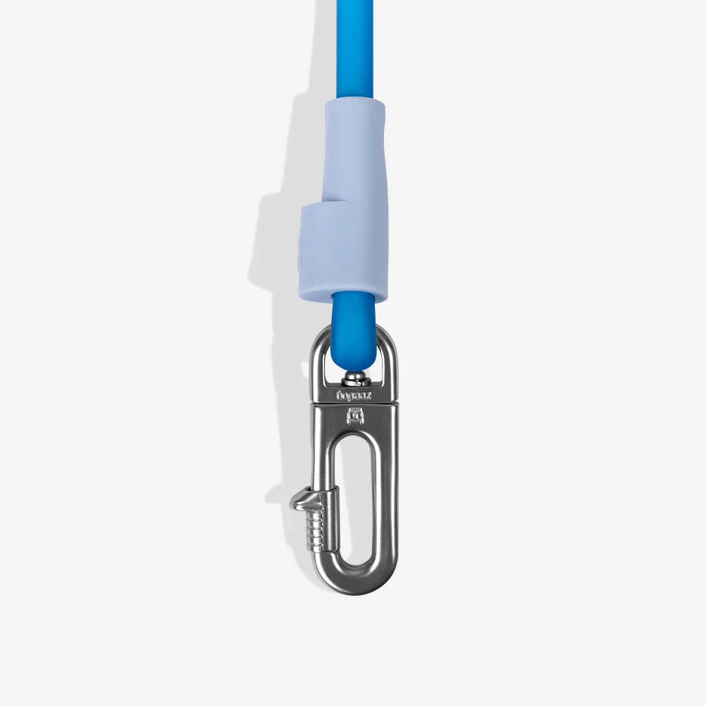 Close-up of a lanyard with a carabiner clip on a white background