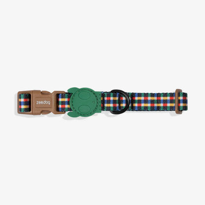 Dog collar with colorful plaid pattern and green buckle on a white background