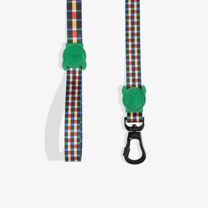 Colorful plaid dog leash with green clip on a white background