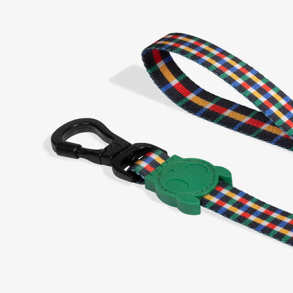 Colorful plaid dog leash with a green plastic clip on a white background
