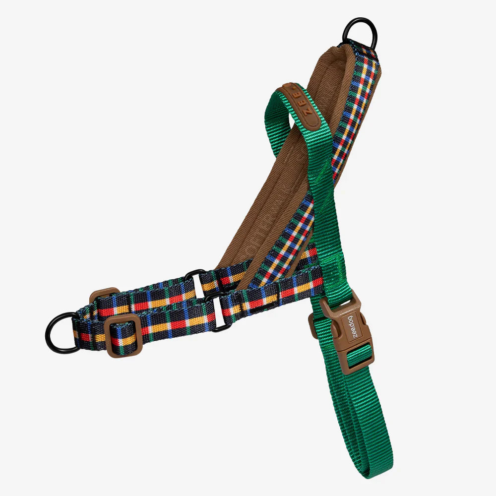 A plaid harness of a white background