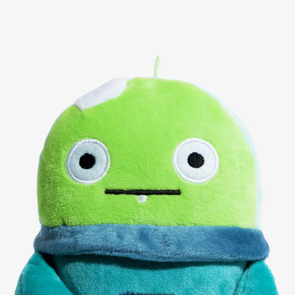 Close-up of a green plush toy with a white background