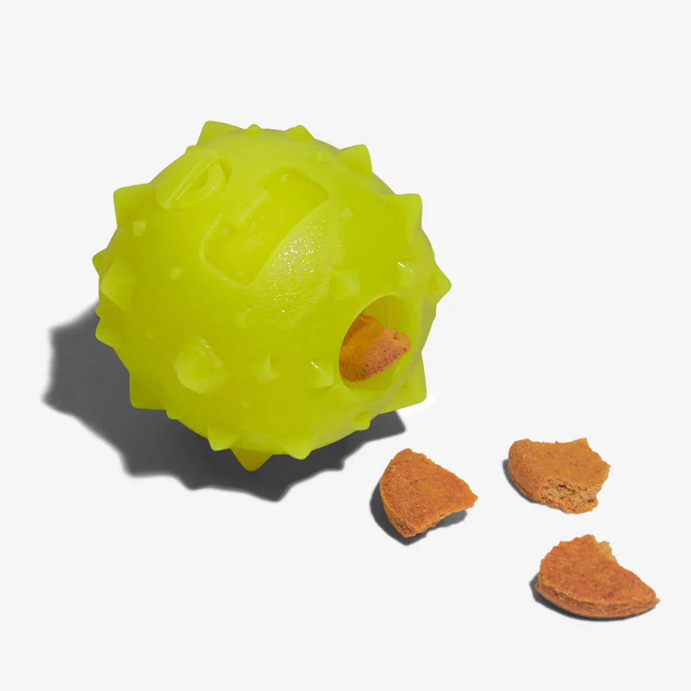 Rob the microbe toy on its side with treats coming out from the treat dispenser's hole
