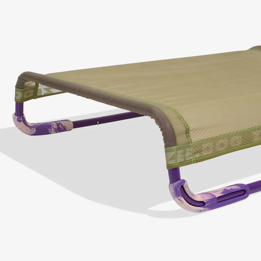 air bed with mesh design and purple legs on a white background