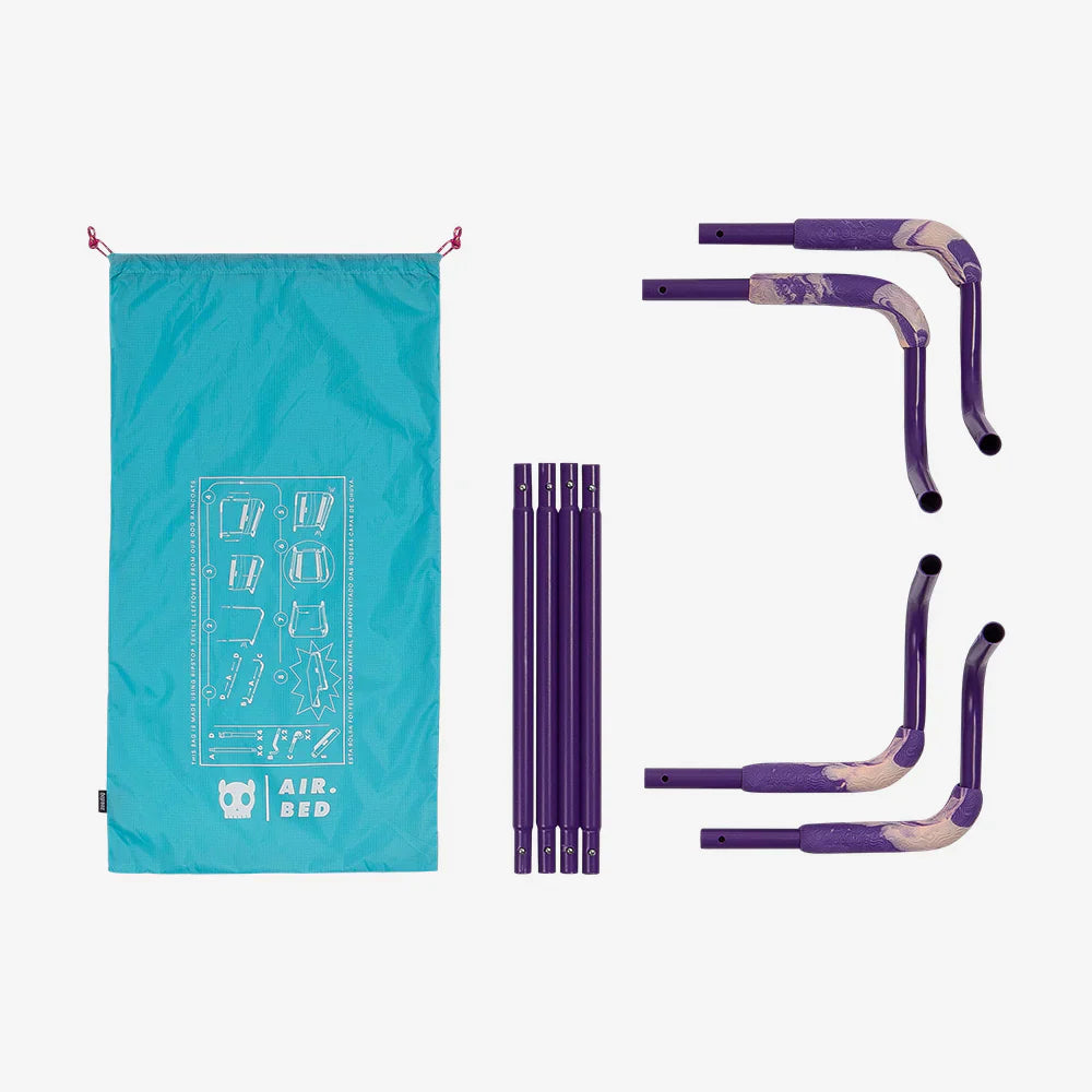 air bed poles with a turquoise storage bag on a white background
