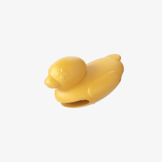 Yellow rubber duck-shaped object on a white background